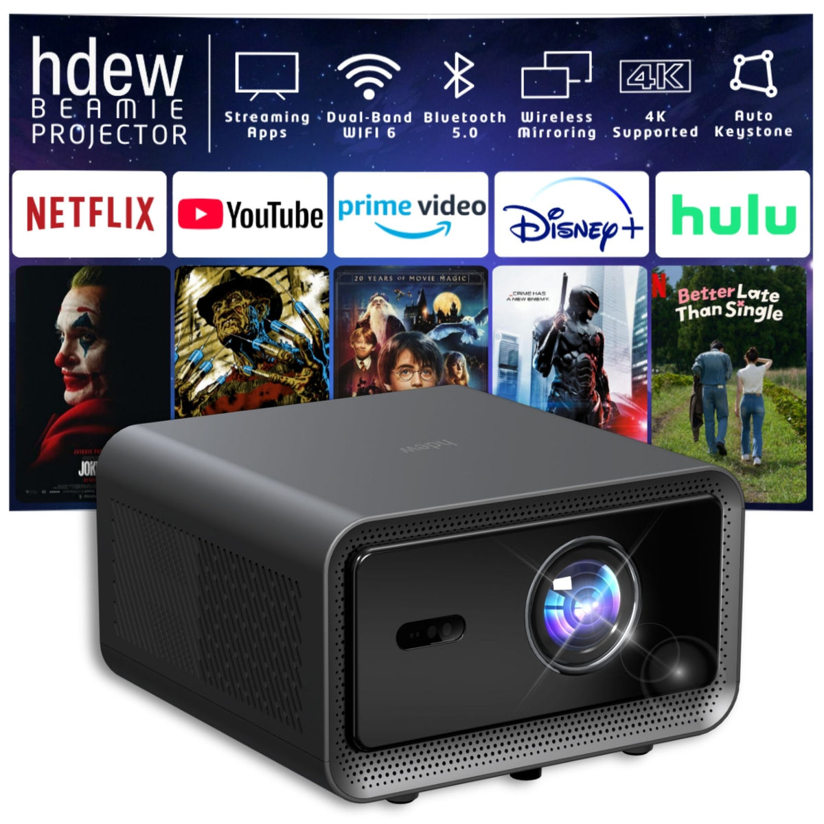 HDEW Beamie Smart Projector 1500 ANSI, Native 1080P 4K Support, Android 12.0 Mini Portable Projector with WiFi Bluetooth, Auto Focus Keystone for Home Bedroom Outdoor Cinema
