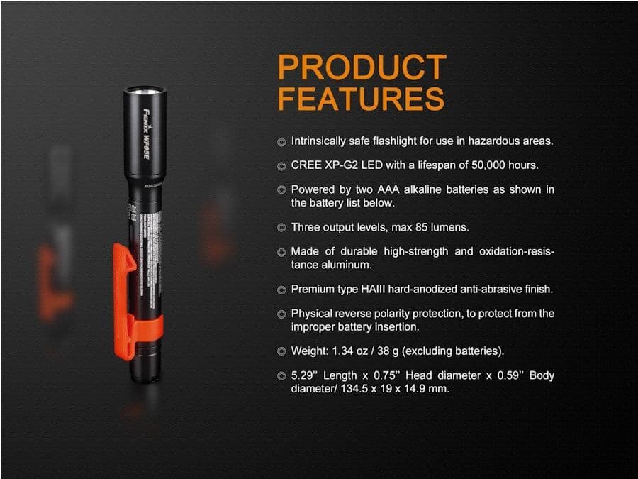 Fenix WF05E ATEX  Intrinsically Safe LED Torch
