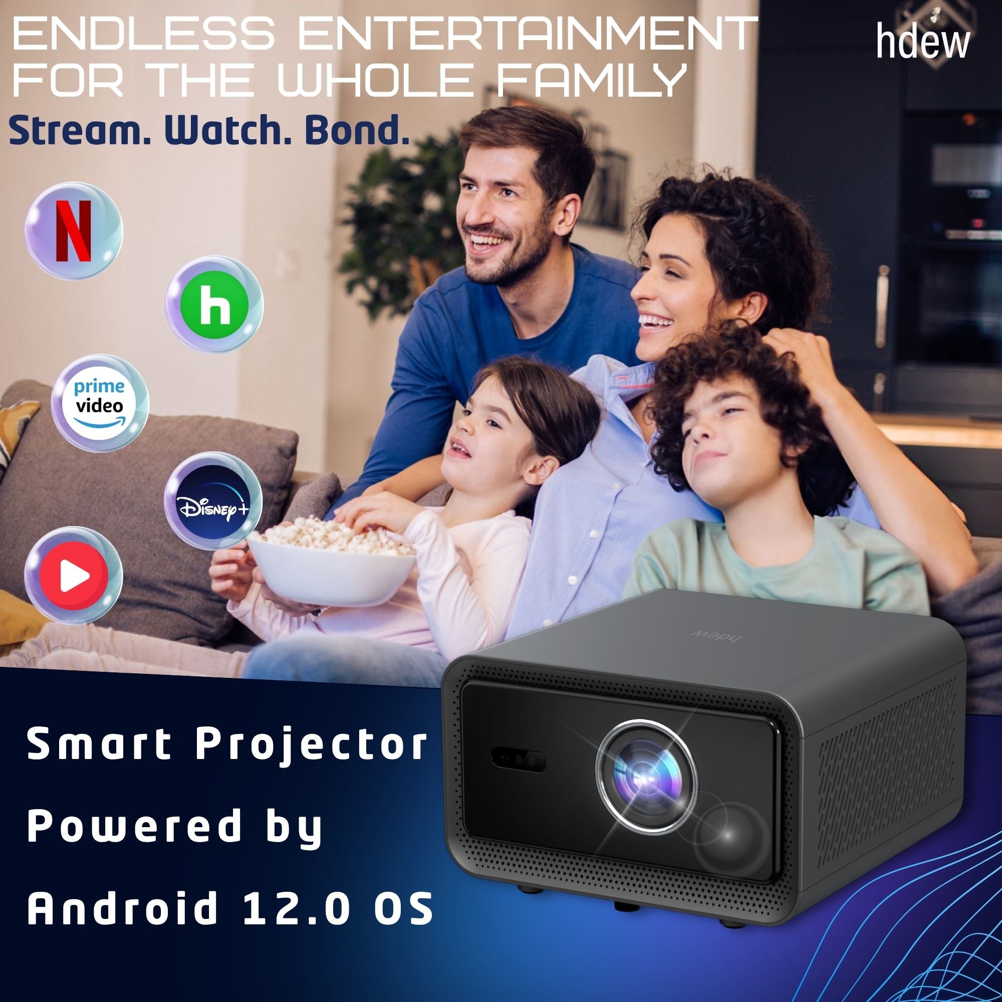 HDEW Beamie Smart Projector 1500 ANSI, Native 1080P 4K Support, Android 12.0 Mini Portable Projector with WiFi Bluetooth, Auto Focus Keystone for Home Bedroom Outdoor Cinema