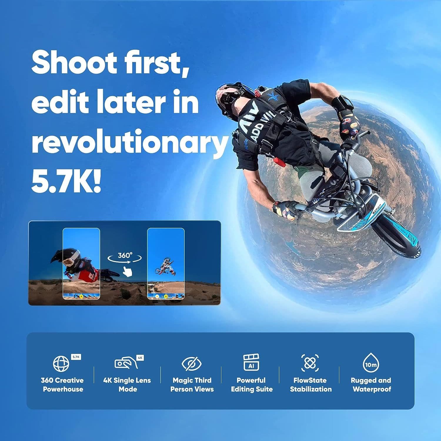 nsta360 X3 - Waterproof 360 Action Camera with 1/2" 48MP Sensors, 5.7K 360 Active HDR Video