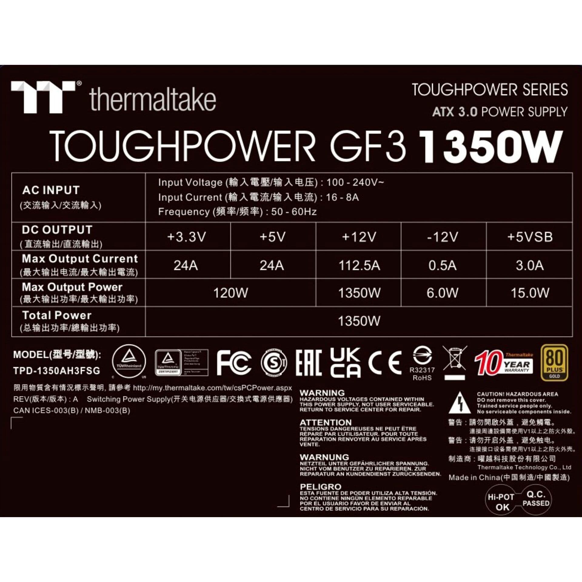 Thermaltake Toughpower GF3 1350W 80+ Gold Modular ATX Power Supply